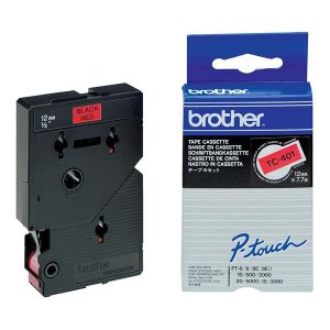 Brother TC401 Cinta Laminada Original para Rotuladora - Texto Negro sobre Fondo Rojo - Ancho 12mm x 7 metros